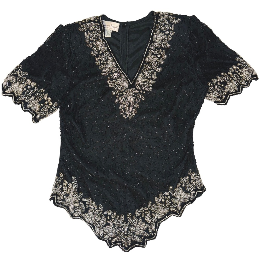 Laurence Kazar Beaded Top Short Sleeve Black Silver Silk Occasion Blouse Medium